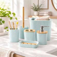 تحميل الصورة في عارض المعرض، Bathroom Accessory Set - 6-Piece Modern Square Vanity Suite with Natural Bamboo Trim &amp; Waste Bin
