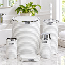 Load image into Gallery viewer, White ribbed 5-piece bathroom set with silver trim
