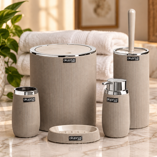 Beige striped round set with silver trim