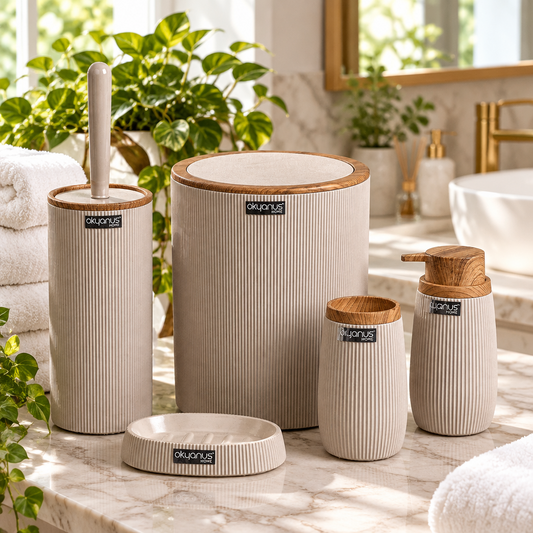 Beige striped round set with wood-look trim
