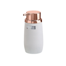 Load image into Gallery viewer, A black striped soap dispenser with a copper frame and a pump, with the brand 'Meyco' visible on the front.
