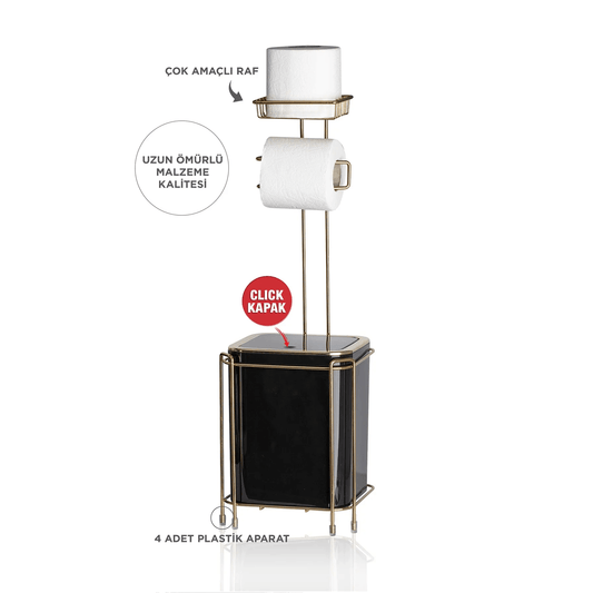 Black stand with top shelf, roll holder and click-lid bin