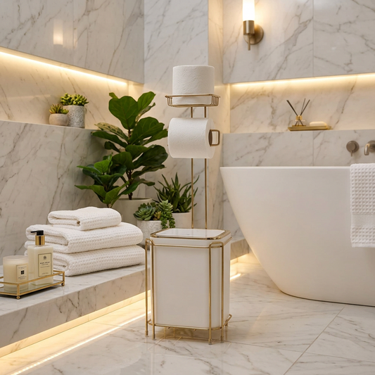White toilet roll stand with waste bin and gold frame