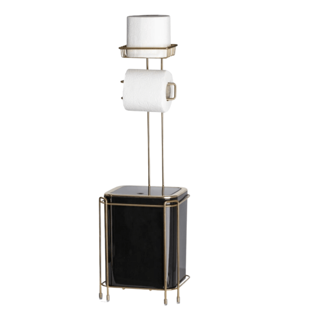 A gold frame bathroom accessory set consisting of a waste bin and a toilet tissue holder, both with a minimalist design on a white background.