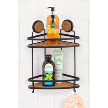 Load image into Gallery viewer, Corner shower caddy with bottles on a tiled wall
