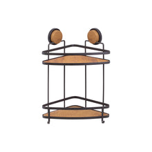 Load image into Gallery viewer, Corner shelf with wooden top and metal frame on a white background
