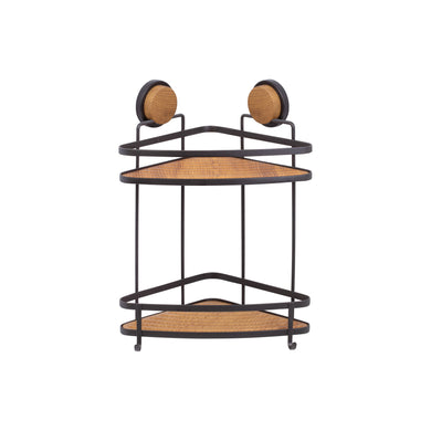 Corner shelf with wooden top and metal frame on a white background