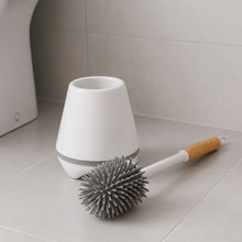 تحميل الصورة في عارض المعرض، Bathroom Toilet Brush Set - Flexible Silicone Bristles with Natural Wooden Handle &amp; Ventilated Holder (White)
