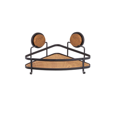 Corner shelf with woven design and round wooden accents on a white background