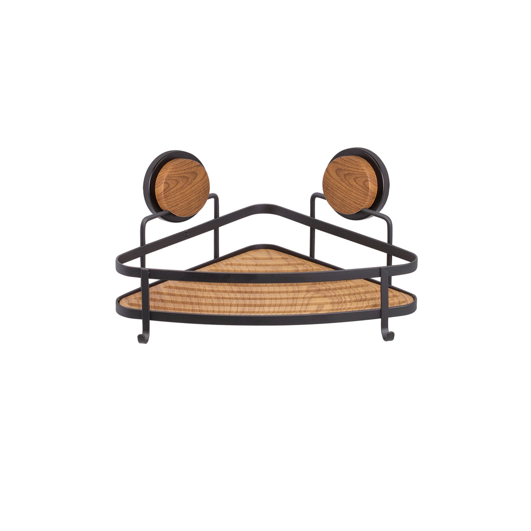 Corner shelf with woven design and round wooden accents on a white background