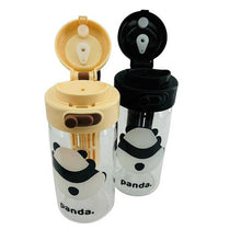 Load image into Gallery viewer, Two glass water bottles with flip-top lids, one beige and one black, both with a cartoon design of a character on the front.
