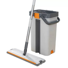 Load image into Gallery viewer, Bucket and mop cleaning set with sleek design, flat mop and rectangular head ready for efficient cleaning and easy refill.
