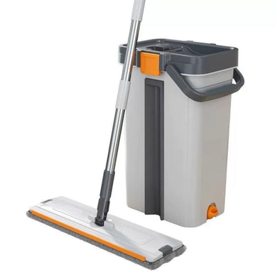 Bucket and mop cleaning set with sleek design, flat mop and rectangular head ready for efficient cleaning and easy refill.
