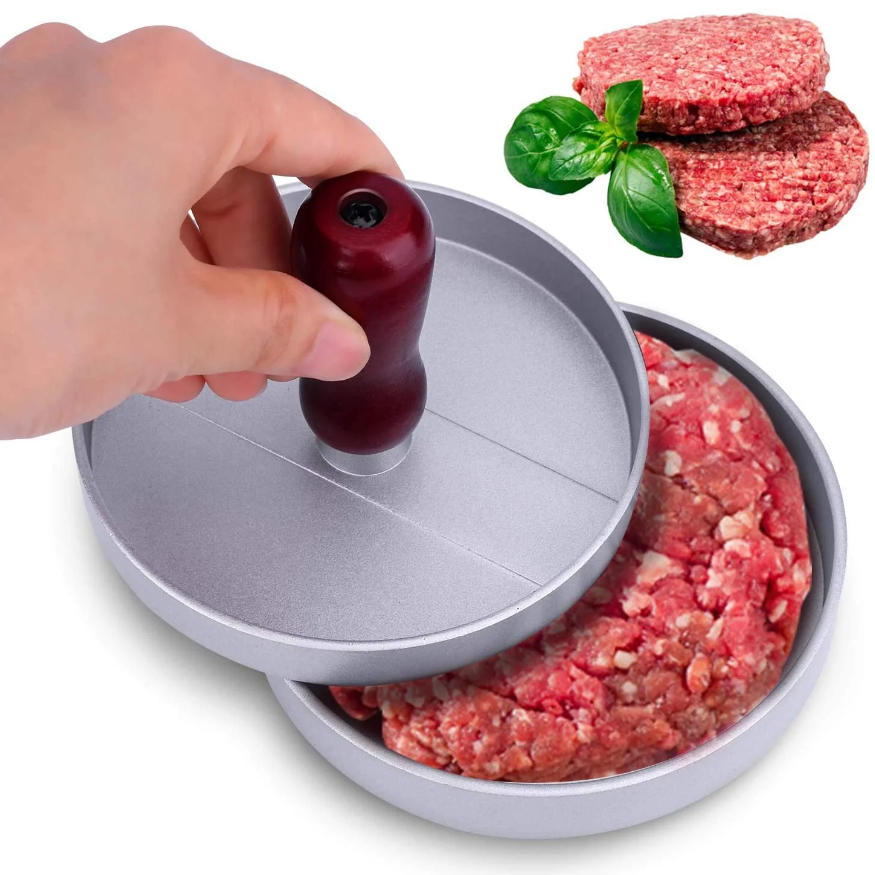 Burger Press with wooden handle - Aluminum Non-Stick Burger Press