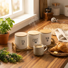 Load image into Gallery viewer, Ceramic Canister Set with Bamboo Lids &amp; Serving Tray (3-Piece) | Decorative Kitchen Storage Containers for (Coffee - Tea - Sugar)
