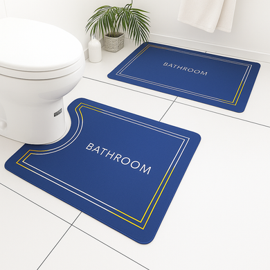 Non-slip blue rubber bathroom mats set with 'BATHROOM' text for enhanced safety and style in bathrooms.