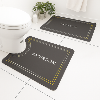 Anti-slip bathroom mat set of 2 in black and grey with 'BATHROOM' text, featuring U-shaped design for toilet area.