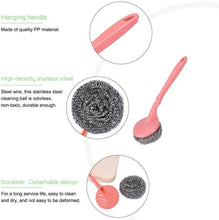 Load image into Gallery viewer, Pink scrubber with hanging handle and detachable cleaning ball on a white background
