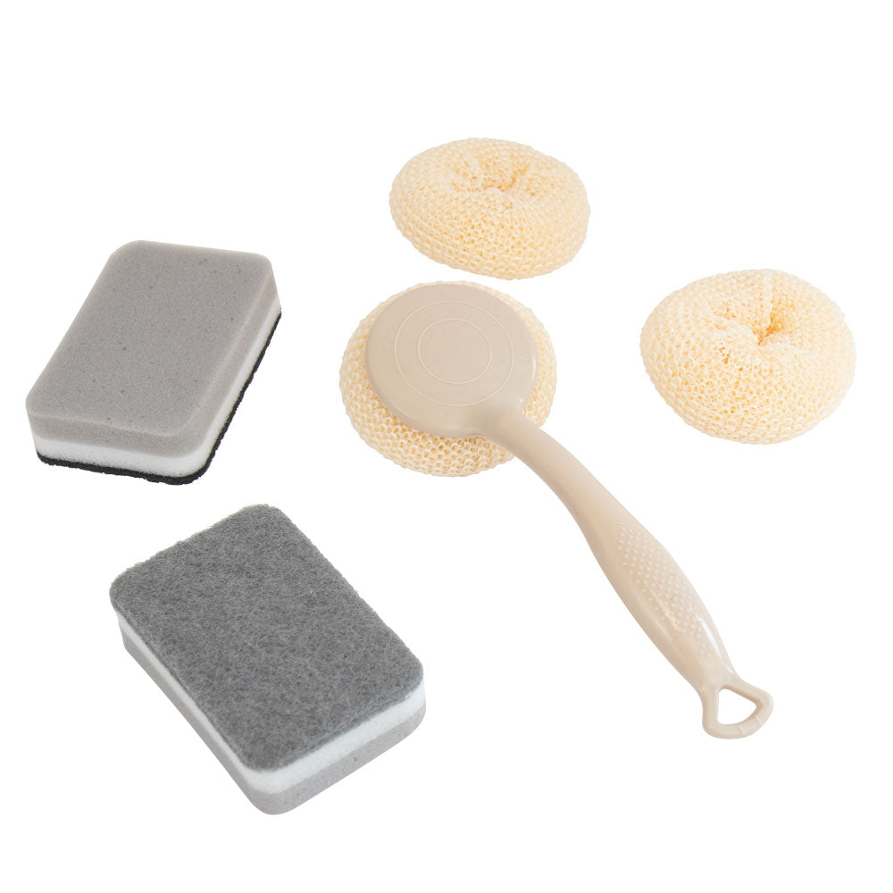 Cleaning tools including sponges and a scrubber on a white background