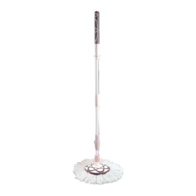 A spin mop with a microfiber head and a telescopic silver handle.