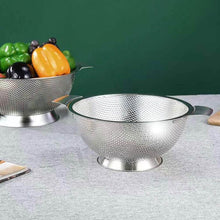Load image into Gallery viewer, Stainless steel colander with fruits and vegetables on a green background
