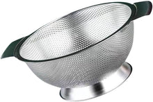 Load image into Gallery viewer, Metal colander with green handles on a white background
