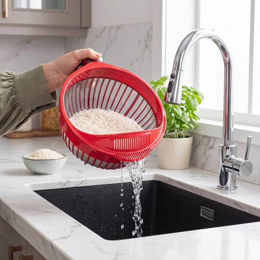 Red handled colander rinsing rice above a sink