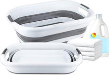 Load image into Gallery viewer, Collapsible white and gray bathtub with folded towels and laundry detergent on a white background
