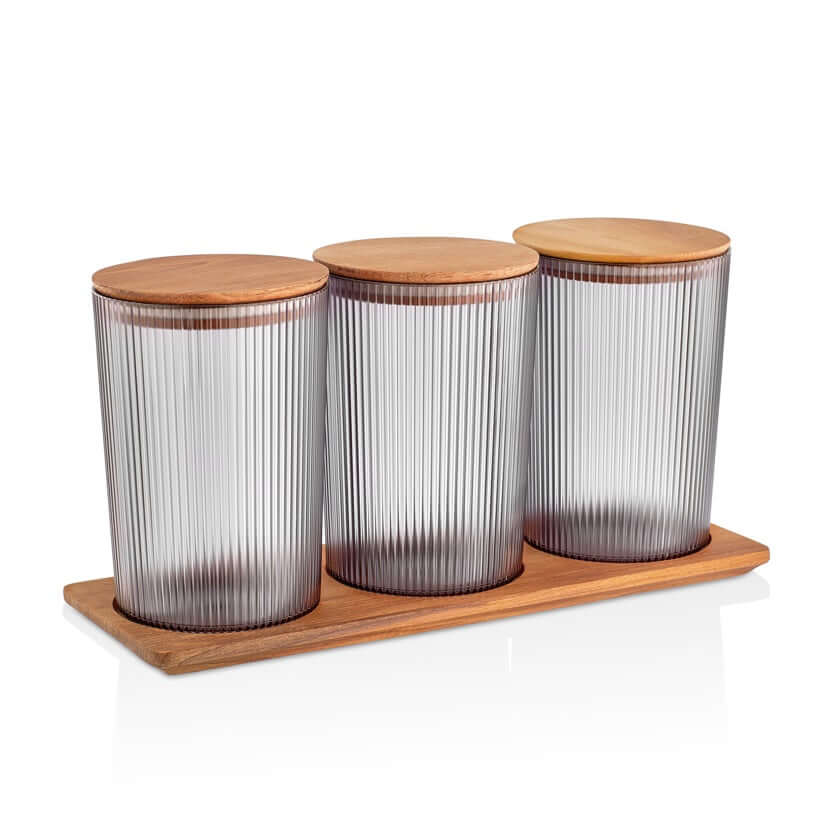 Containers Set With Wooden Lid For Legumes - Set of 3 x 800 ml Acrylic Canisters & Wooden Tray