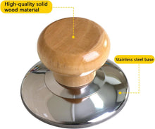 Load image into Gallery viewer, A kitchen utensil with a round polished wood handle and a shiny stainless steel base, shown on a white background with two yellow callout labels pointing to the wood material and stainless steel base.
