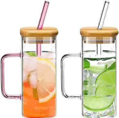 Heat resistant glass tumblers with bamboo lid and colored straws, perfect for hot or cold beverages.