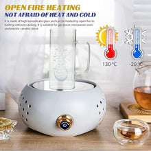 Load image into Gallery viewer, Heat-resistant borosilicate glass kettle on an electric stove with a beverage inside, showcasing open fire heating.

