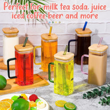 Load image into Gallery viewer, Colorful heat-resistant glass tumblers with wooden lids and straws, perfect for drinks like iced coffee and juices.

