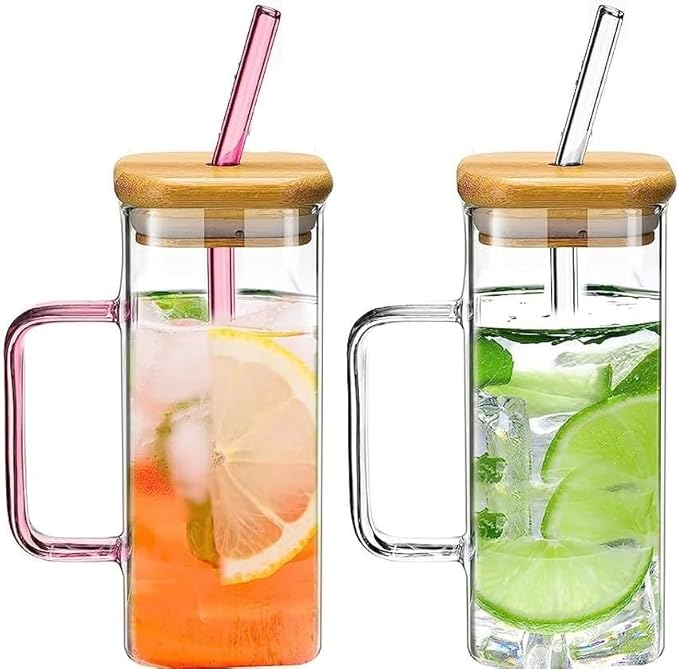 Heat resistant glass tumblers with bamboo lid and colored straws, perfect for hot or cold beverages.