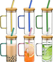 Load image into Gallery viewer, Set of heat-resistant 400ml glass tumblers with colorful lids and straws, ideal for hot and cold beverages.

