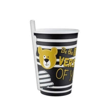 Load image into Gallery viewer, Black and white striped cup with a bear graphic and text on a white background
