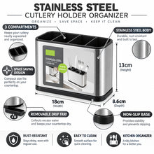 تحميل الصورة في عارض المعرض، Stainless steel cutlery holder with dimensions displayed
