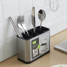تحميل الصورة في عارض المعرض، Stainless steel cutlery holder with forks, knife, and spoon on a kitchen counter.
