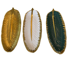 Load image into Gallery viewer, Three decorative plates shaped like feathers in gold, white, and green on a white background
