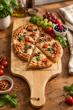 تحميل الصورة في عارض المعرض، A rectangular wooden pizza plate with a handle, shown on a dark wooden table. The plate has a printed insert with food photos and the text 'PIZZA PLATE / FRUIT PLATE'.
