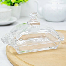 Load image into Gallery viewer, Clear glass butter dish with lid on a wooden board
