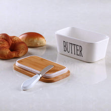 Load image into Gallery viewer, Butter dish with wooden cutting board and knife on a white surface.
