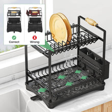 Load image into Gallery viewer, Black dish drying rack with a plate on a kitchen counter, showing correct and wrong usage.
