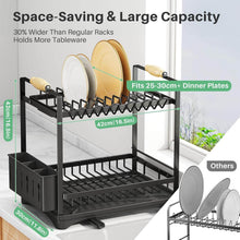 Load image into Gallery viewer, Black dish rack with space-saving design and large capacity, holding dinner plates.
