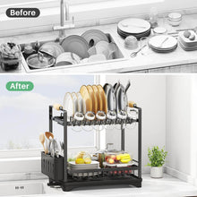 Load image into Gallery viewer, Before and after comparison of a kitchen sink with a dish rack filled with dishes.
