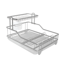 تحميل الصورة في عارض المعرض، A two-tier rustproof aluminum dish drying rack with a drainboard and utensil holder, in a rose gold matte finish.
