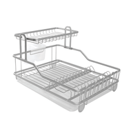 A two-tier rustproof aluminum dish drying rack with a drainboard and utensil holder, in a rose gold matte finish.