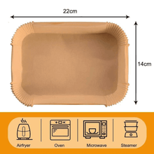 Load image into Gallery viewer, A rectangular beige disposable paper liner for air fryers, ovens, microwaves, and steamers with dimensions labeled, and icons indicating suitable kitchen appliances.
