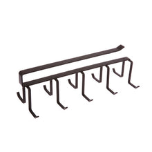 Load image into Gallery viewer, A dark metal wall-mounted rack with a long horizontal bar and six downward hooks, shown on a plain white background.
