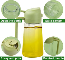 تحميل الصورة في عارض المعرض، A translucent light green and clear plastic pitcher bottle filled with yellow liquid, shown on a white background with four circular callout insets labeled 'Open the bottle,' 'Solid bottom,' 'Spray and pour,' and 'Comfort handle.'.
